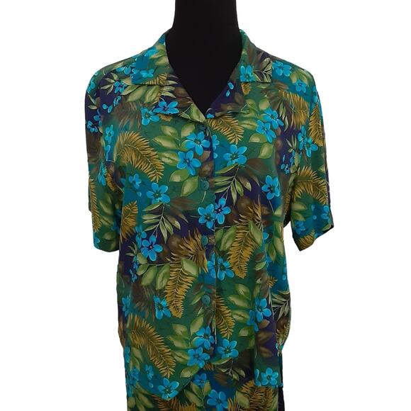 Vintage 80s Hawaiian Floral Two Piece Set High Rise Mini Skirt Button Crop Top L - Picture 4 of 14